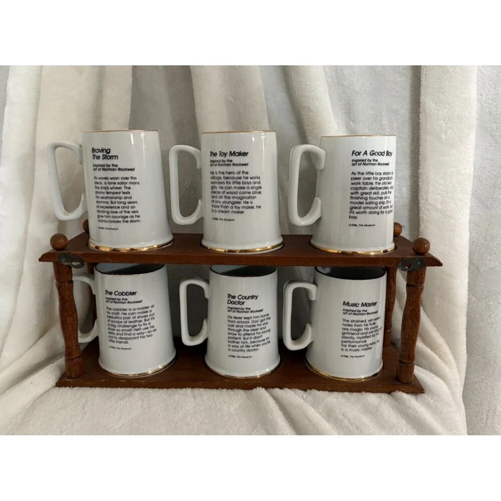 Vintage Norman Rockwell 1985-86 Mugs & Wooden Holder